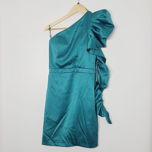 Karlie Monkees NEW One Shoulder Long Sleeve Satin Event Dress Stretch Green NWT - Picture 2 of 16